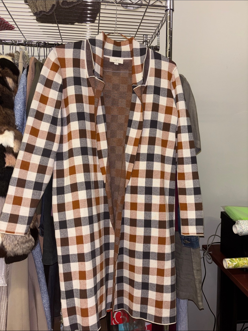 LOFT Brown Black White Plaid Open Front Coatigan
